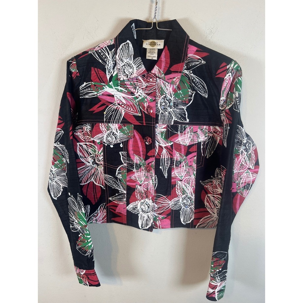 Sandy Starkman Women Silk Floral Embellished Cropped Jacket Black XS